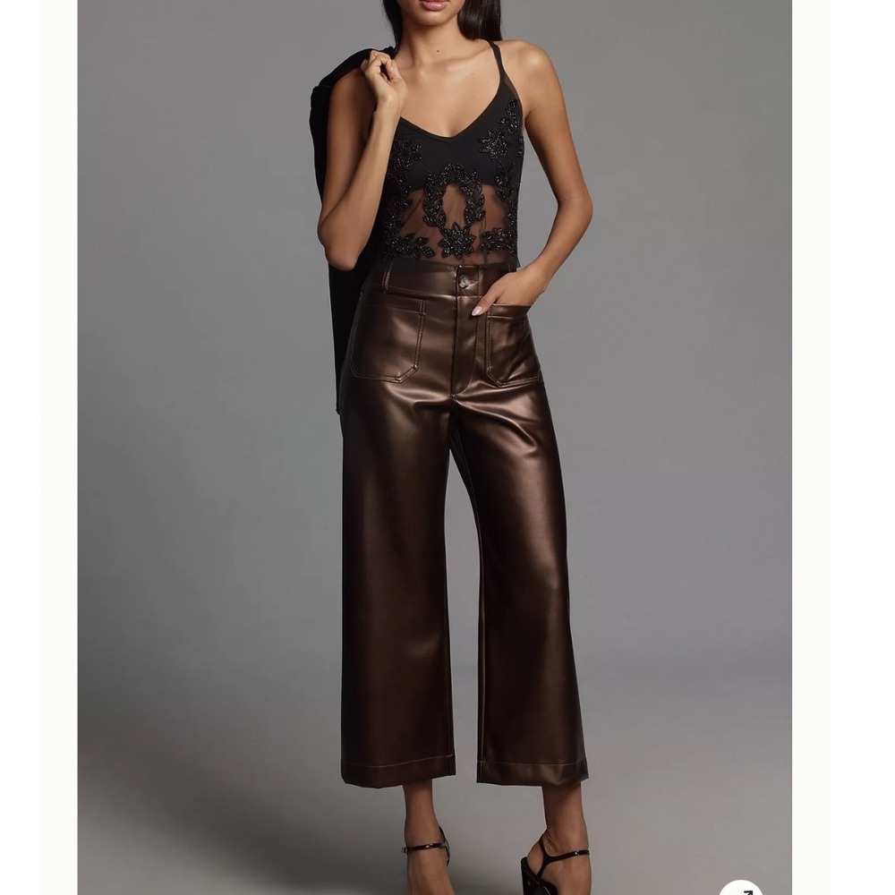 Maeve Colette NEW Brown Faux Leather High Rise Wide Leg Cropped Pants Size 29